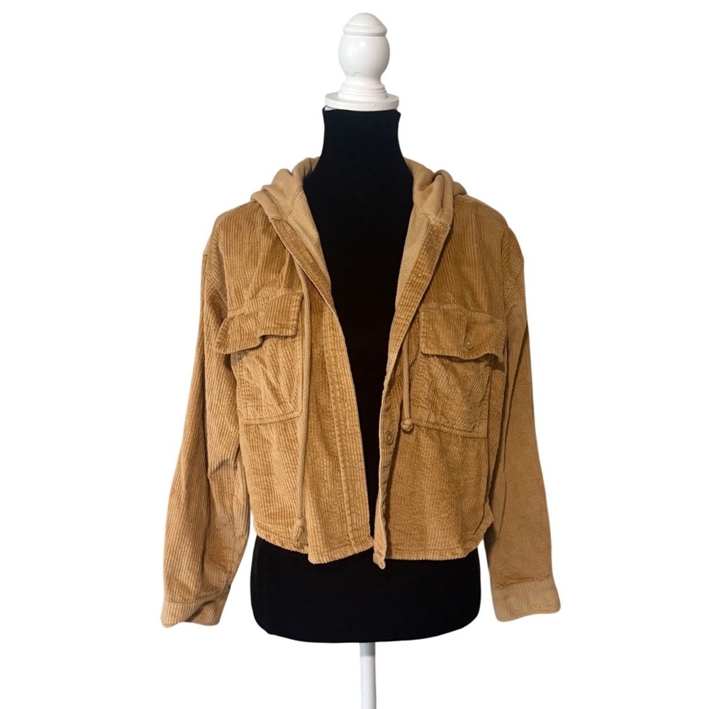 American Eagle Womens S Tan Corduroy Hooded Cropped Button Front Jacket Shacket